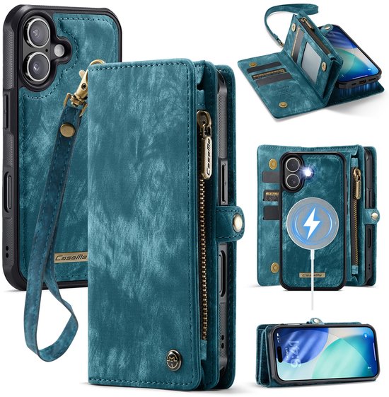 Portefeuille MagSafe bleu lavable avec coque arrière détachable, 8 fentes pour cartes et poche zippée.