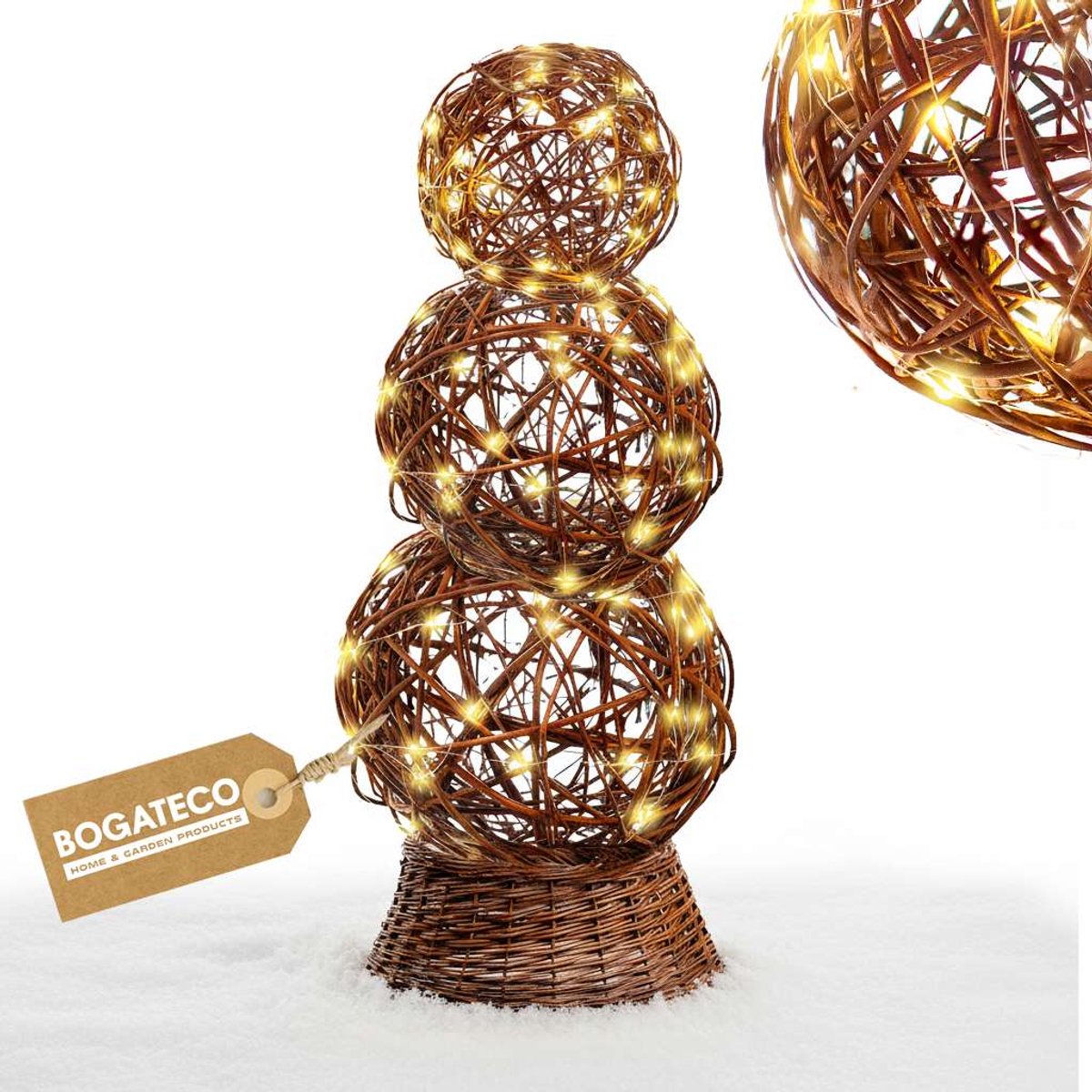 BOGATECO | Wilgen sneeuwpop kerstdecoratie met led verlichting, 140 cm hoog