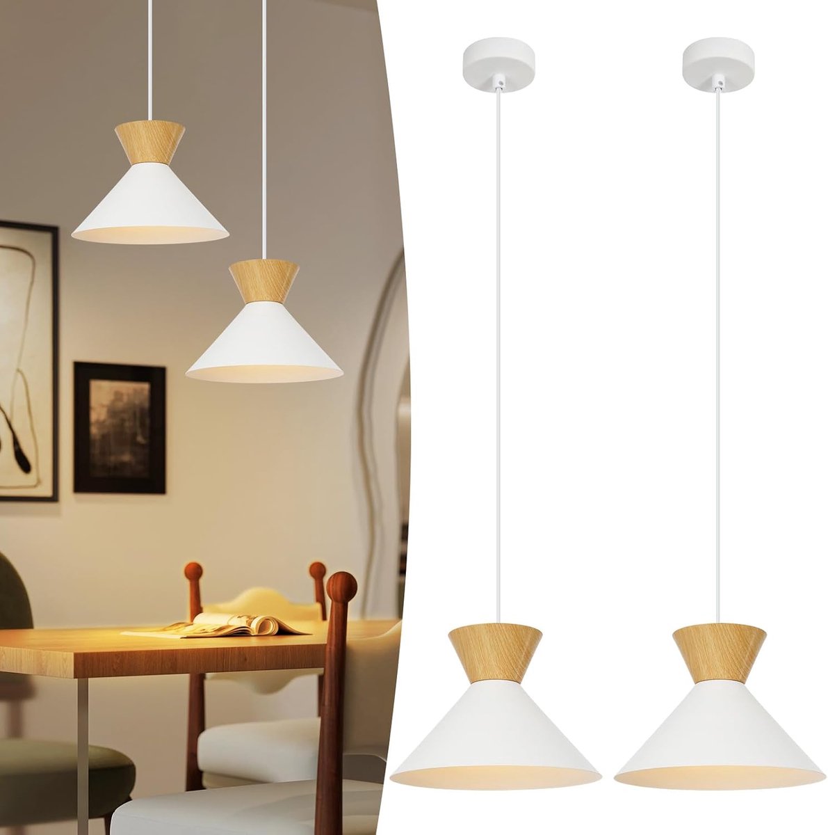 Glitzerlife Witte Metalen Hanglamp - Pendellamp - 2-delige Set E27 Fitting - Modern Retro Design Ø25cm - Voor Eetkamer, Woonkamer, Slaapkamer - Exclusief Lichtbron