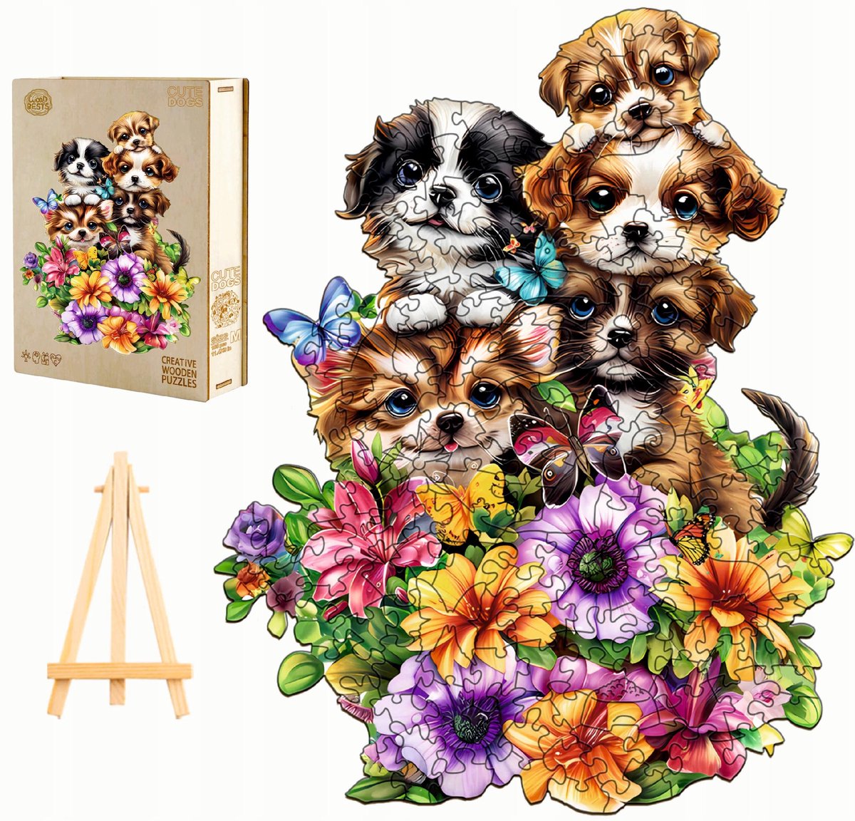 Houten Puzzel Schattige Hondjes 235 Stukjes met Houten Kistje