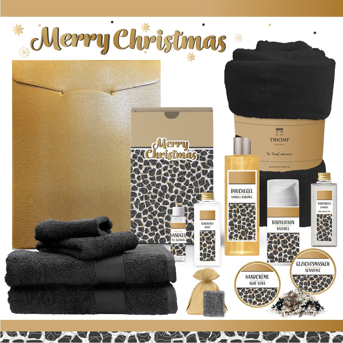 Geschenkset “Merry Christmas” - 13 producten - 1980 gram | Giftset voor haar - Luxe wellness cadeaubox - Cadeau vrouw - Gift Set Kerst - Geschenk Fijne Feestdagen - Kerstpakket - Cadeaupakket - Prettige Kerstdagen - Collega - Vriendin - Zwart