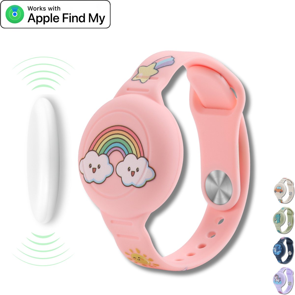 Tracker kind zonder abonnement - Werkt met Apple Find My - Armband kind geschikt voor AirTag - Inclusief Fynda tracker - MFi gecertificeerd door Apple - Onbeperkte lokalisering - Met geluidssignaal - Zonder maandkosten - Regenboog - Fynda