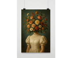 Bloemen Meisje Poster - Fantasie Posters - Surrealistisch - Vintage - Kunst - Wanddecoratie Woonkamer - 180 gram papier - XS6891WV - Formaat 30 x 40cm