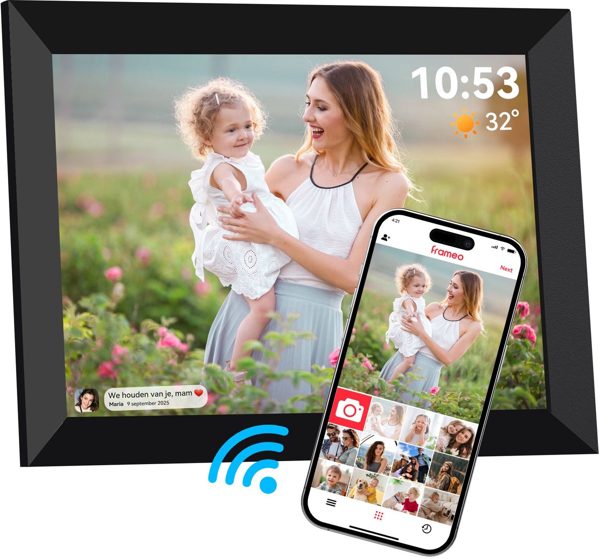 Siltcon® Digitale Fotolijst met WiFi - 10.1 Inch HD Display - Frameo App - Digitaal Fotolijstje - 16GB Opslag - IPS Touchscreen - Wereldwijd delen - Geen Abonnement - Foto & Video