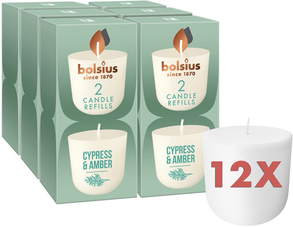 Bolsius CleanLight - 12 Gegeurde Navullingen - Cypress & Amber - Navulbare Geurkaarsen