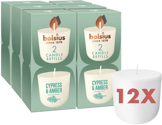 Bolsius CleanLight - 12 Recharges Parfumées - Cyprès et Ambre - Bougies parfumées Rechargeables