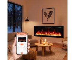 HOMAVO 50'' Elektrische Sfeerhaard - 1000/2000W Elektrische Haard met Verwarming - App-besturing - Twaalf 3D-Vlammenkleuren - Wand/Inbouwhaard - Timerfunctie - Oververhittingsbeveiliging