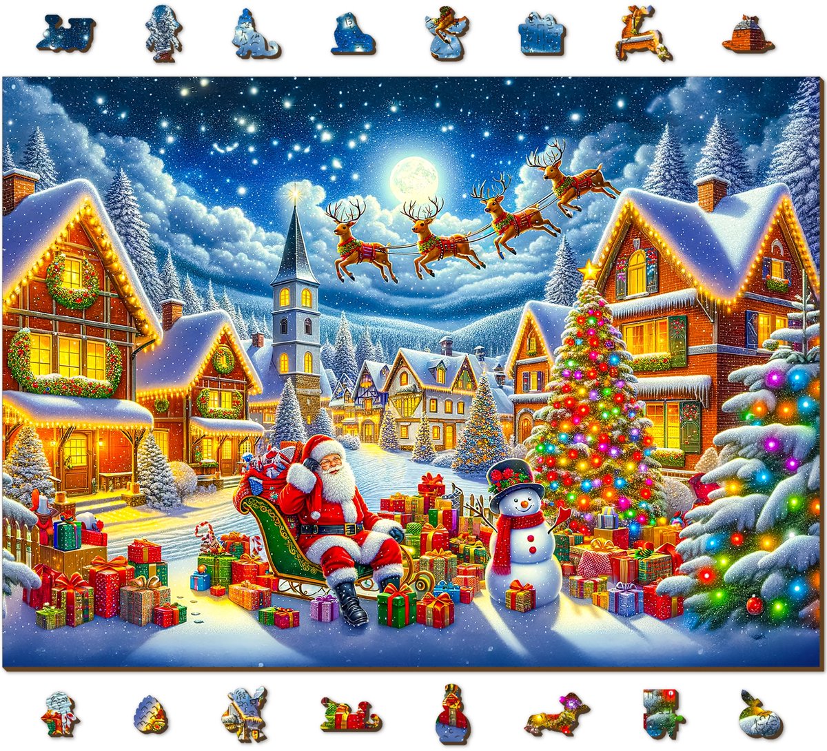 Houten kerstpuzzel 1000 stukjes: Santa's Merry Journey