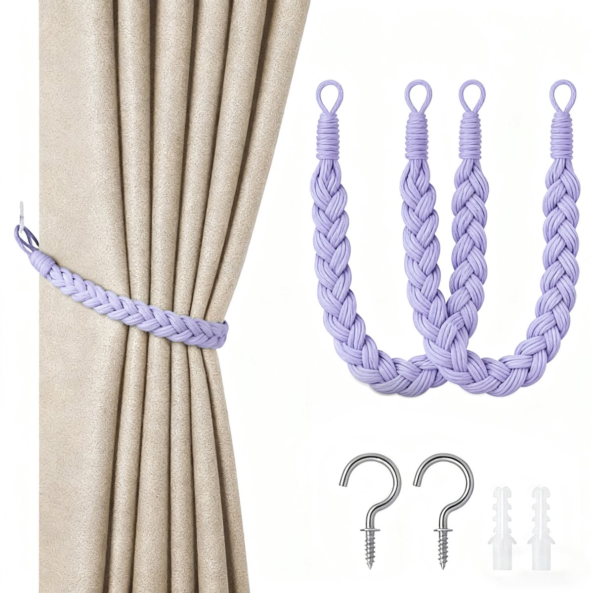2-pack gordijnbanden - 60cm gordijnkoordgesp - handgeweven gordijnbanden - gedraaide gordijnbanden - met haken - geschikt voor thuis, kantoor, woonkamer, slaapkamer
