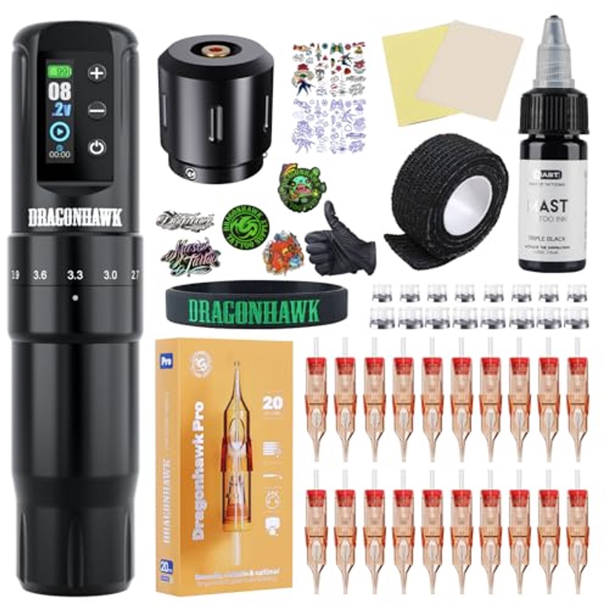 Dragonhawk Mast Pen Rotary Tattoo Machine Stroomvoorziening Mastnaalden Voetpedaal Geschenkdoos DML-7