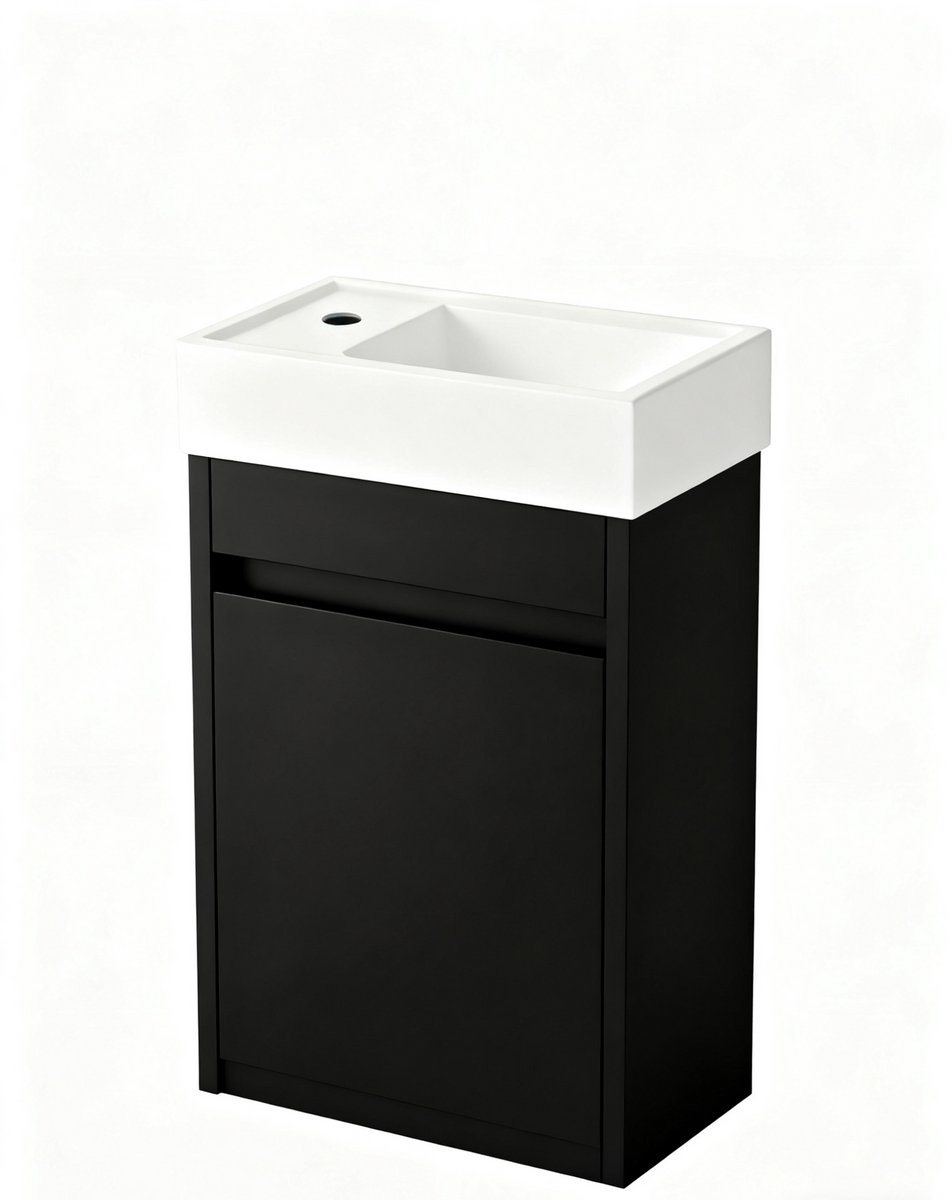 Nurion Toiletmeubel Tess - glanzend witte basin en zwart houten kast - 41 x 22,5 x 65 cm