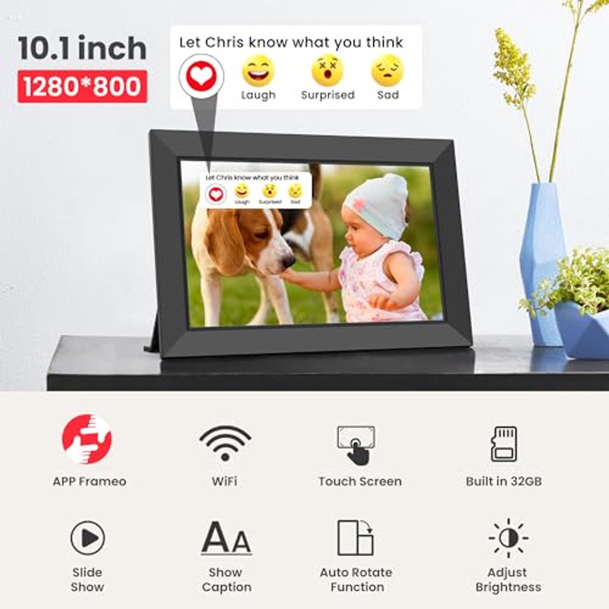 Frameo 10.1 Inch WiFi Digitaal Fotolijstje, 1280x800 HD IPS Touchscreen Elektronisch Fotolijstje, 32GB Geheugen, Automatisch Roteren, Ondersteuning Micro SD (2-Pack)