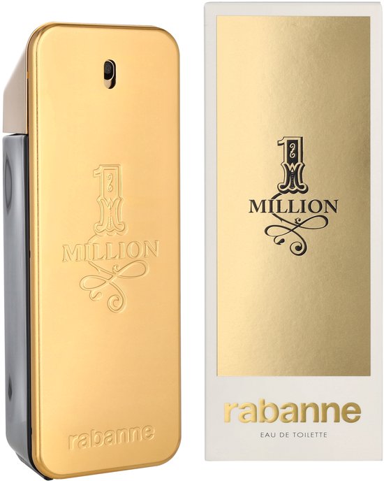 Gouden parfumflesje en bijbehorend doosje met '1 Million' logo.