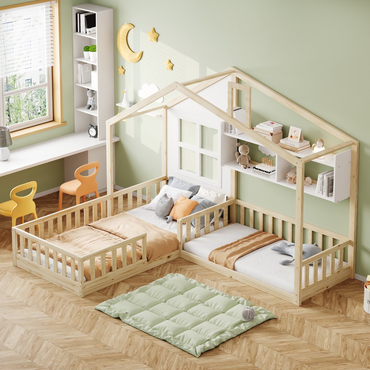 Merax Kinderbed 90x200cm (140x70cm) - met raam en schoorsteen - huisvormig - met boekenplank - opbergbed - houtkleur - zonder matras