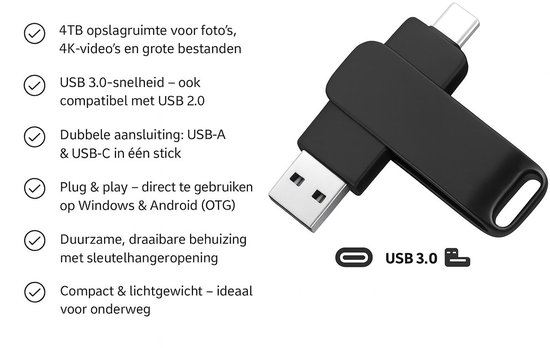 Usb Plug Flashdrive zwart 4TB usb flashdrive 2in 1 | USB-C Stick | USB C en USB A | Dual ...
