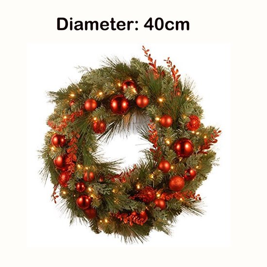Kerstdecoratieve deurklopper - Voorgemonteerde verlichting Kunstmatige kerstkrans, groen, 40 cm kerstrode gemengde krans en LED-lichtstrip