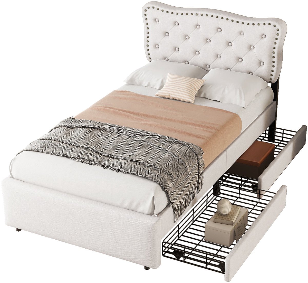 Merax 90x200 cm Eenpersoonsbed met Verstelbaar Hoofdbord en Decoratieve Nieten - Bed met Laden - Lichtbeige