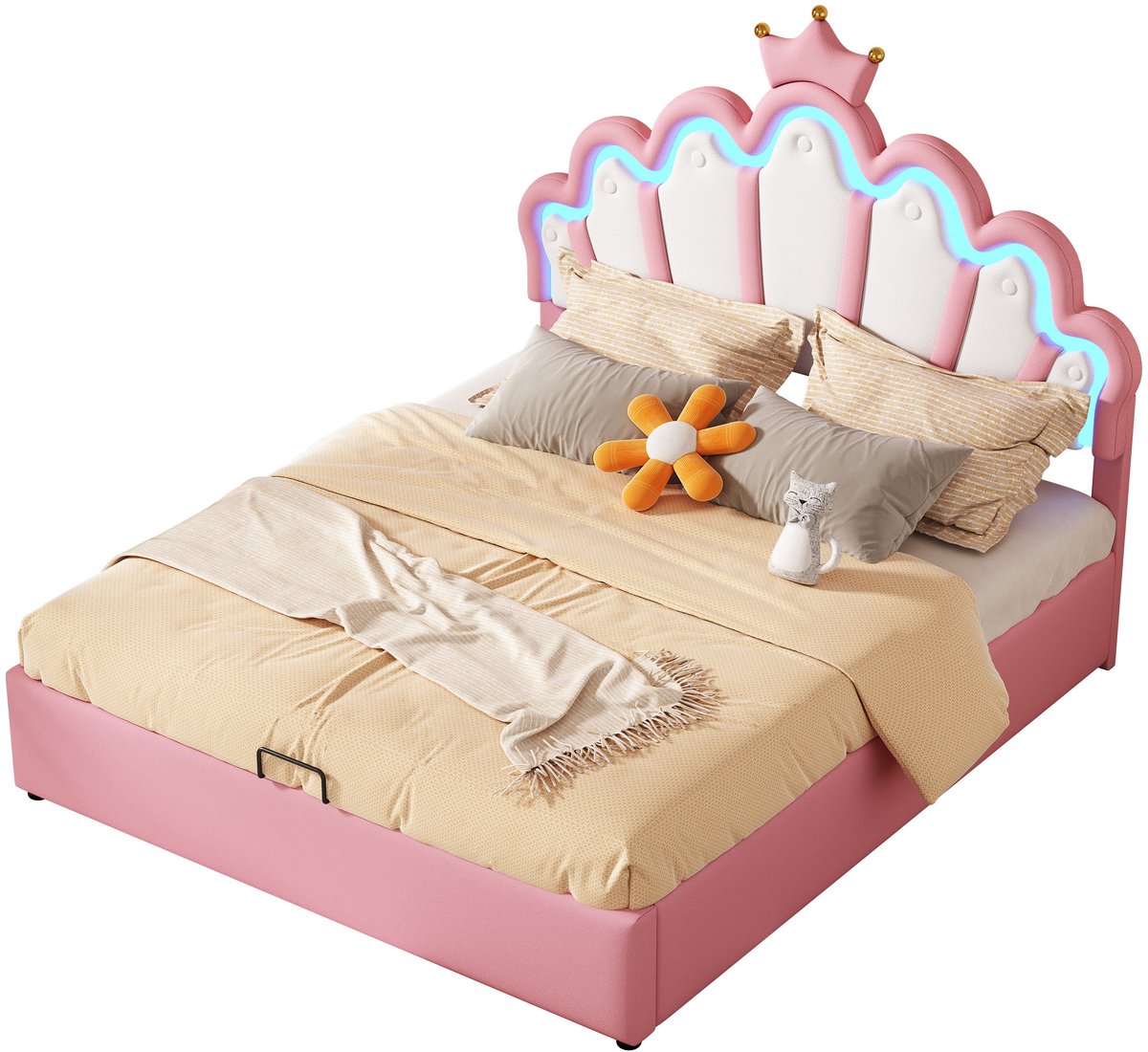 Merax Prinsessen Bed 140x200 cm - Tweepersoonsbed met Verstelbare LED Verlichting - Hoofdbord met Kroon en Hydraulisch Opbergruimte - Roze Kunstleer