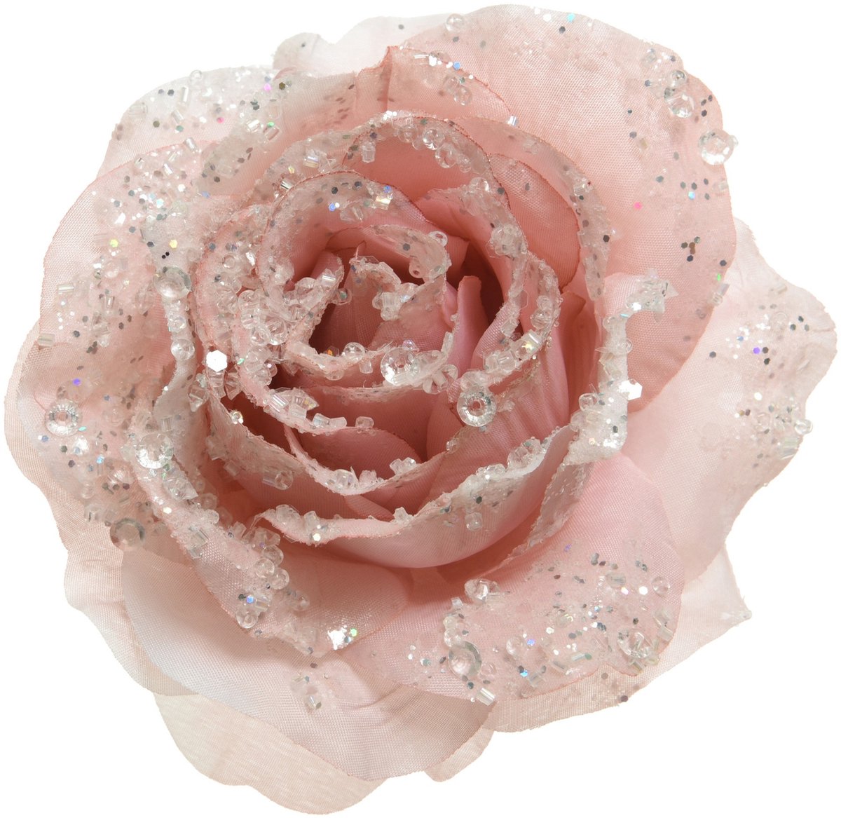 Decoris Kerst decoratie roos - op clip - poeder roze - D14 cm - kunststof - kerstbloem - bloemen - kerstboomversiering - kerstornamenten