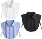 Set Van 3 Blousekraag Dames - Afneembare Puntkraag Basic - Kraagjes voor Dames - Losse Dames Kraagjes voor Ergens Onder - Overhemdkraag - Blouse Kraagje - Nep Los Kraagje - Overhemd Vervanging - ééN Maat Verstelbaar - Zwart & Wit & Blauw