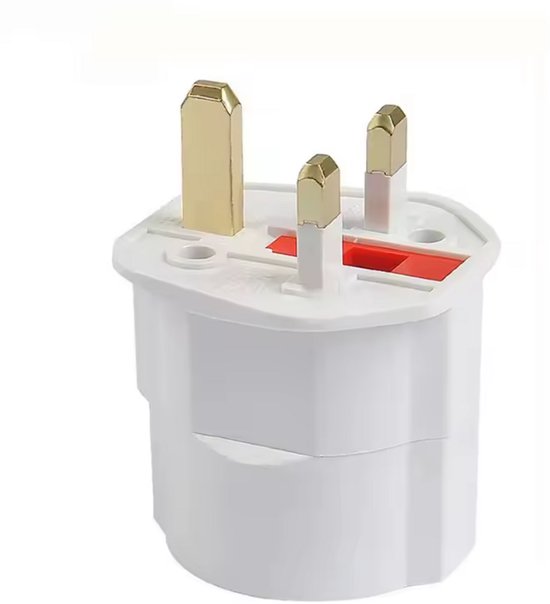 Witte reisstekker type G met gouden pinnen.