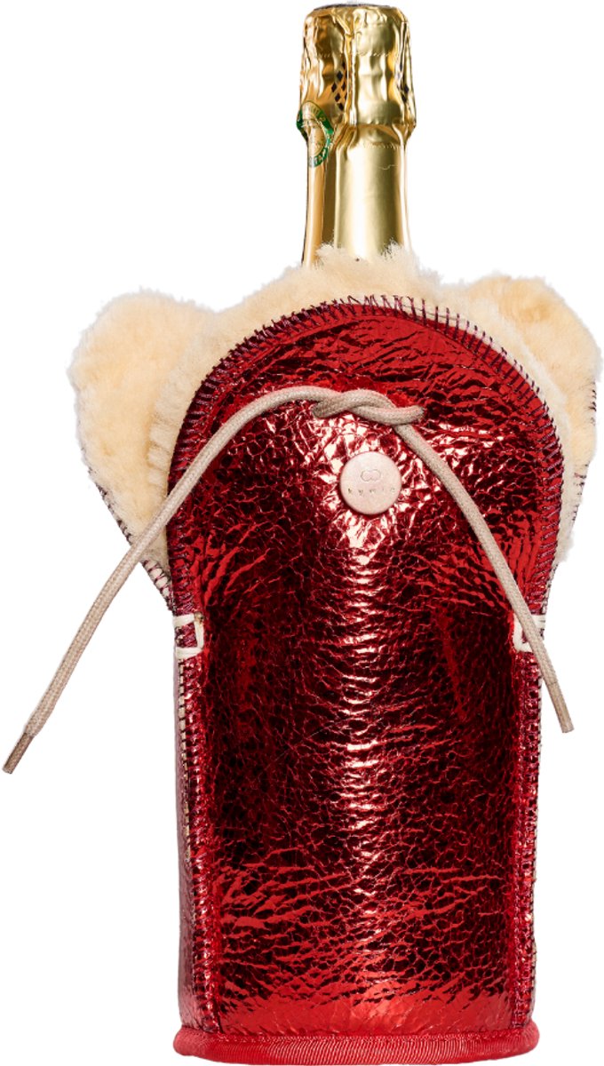 Kywie® champagnekoeler van schapenvacht – wijnkoeler - 100% natuurlijk – 0,75l – temperatuurbehoudend - vlekbestendig - geschikt voor champagne, wijn, bourgogne, waterflessen - Rood Sparkle