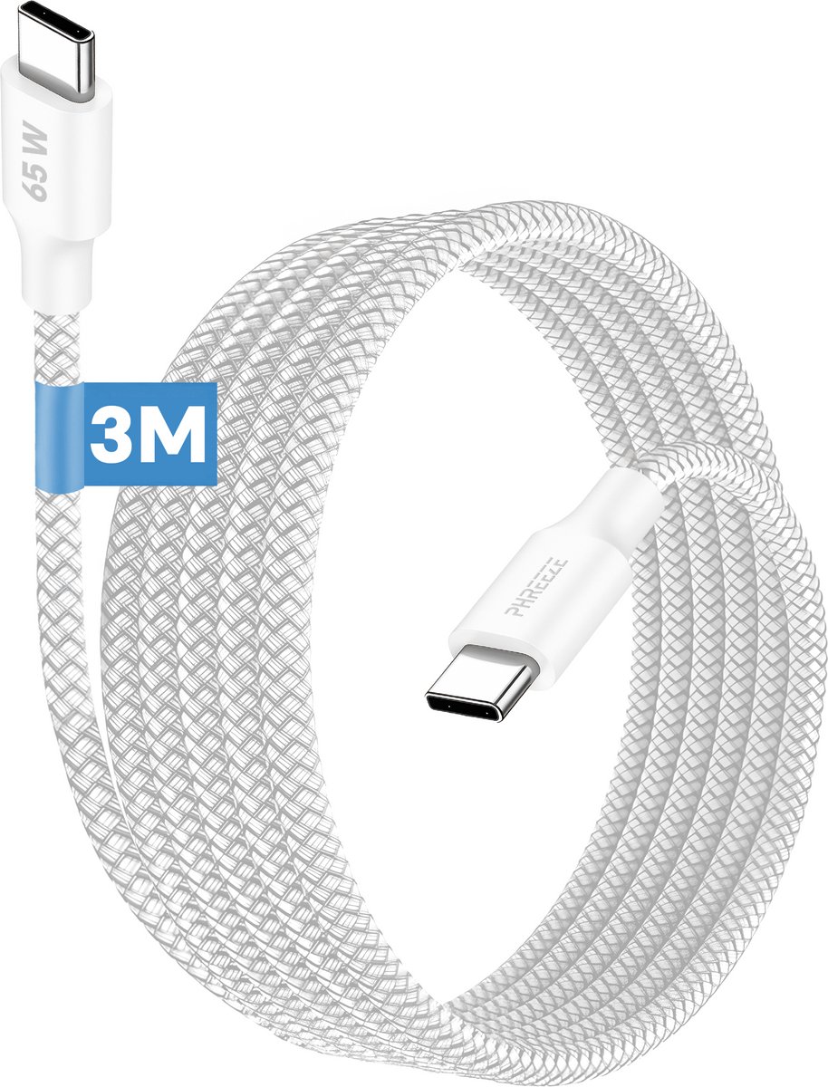 Lange usb C kabel 3m - 65w laptop oplader usb C - Oplaadkabel - Stevig nylon - Wit - Phreeze