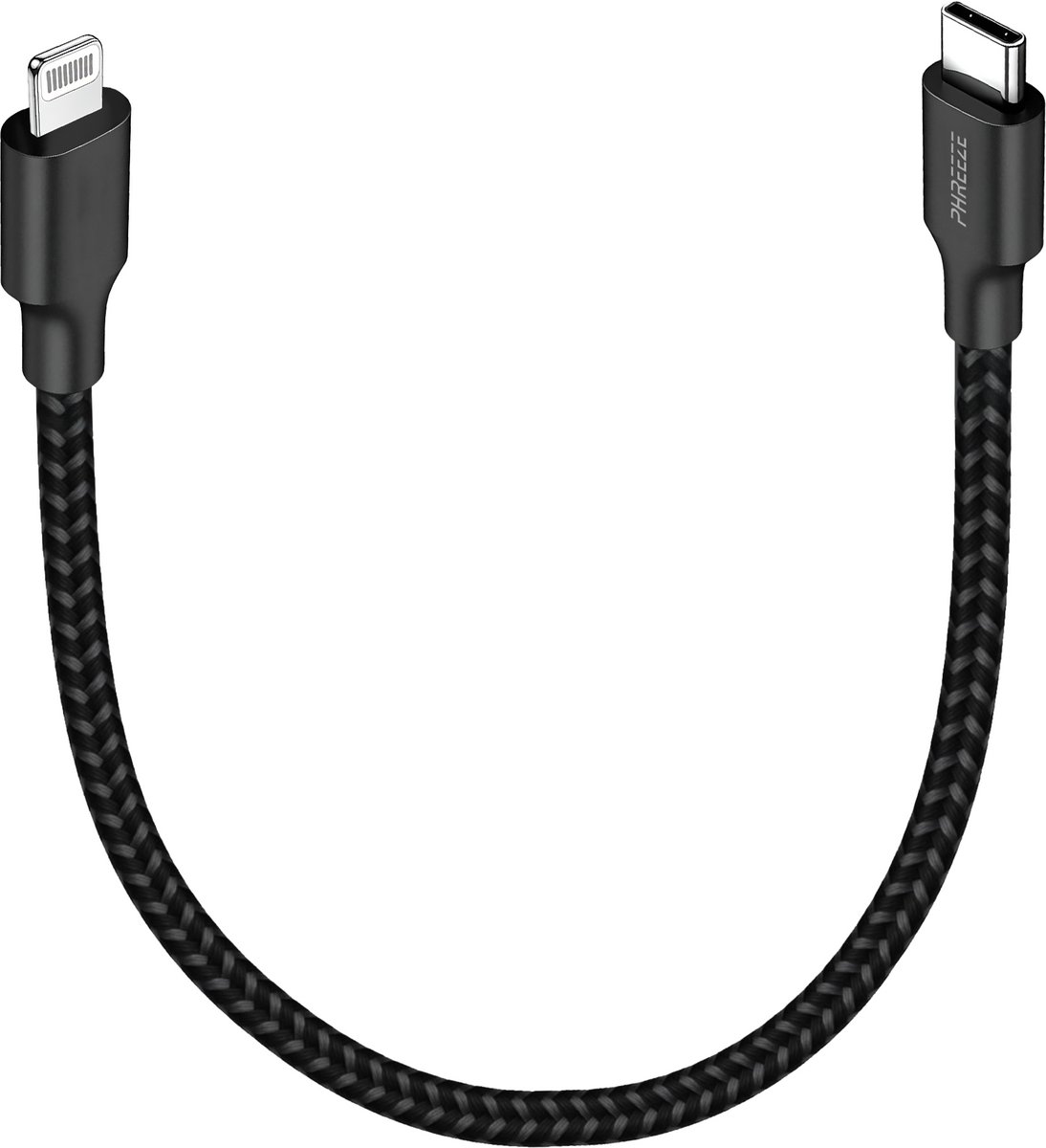 Oplaadkabel geschikt voor usb C naar Lightning - 30cm kort & stevig nylon - Zwart - Phreeze