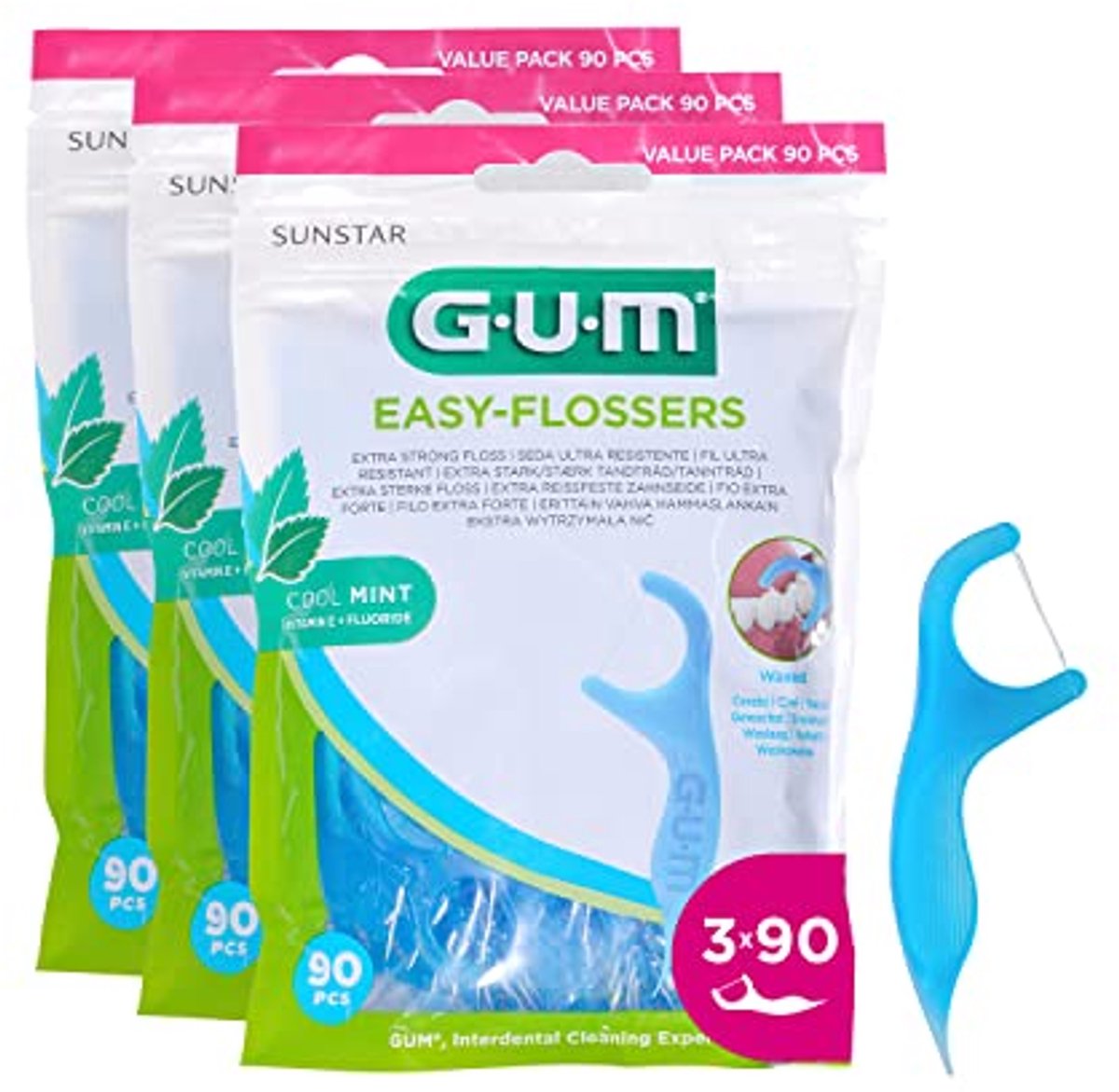 Ergonomische dental floss sticks - Munt smaak - 3-pakket (3 x 90 stuks)