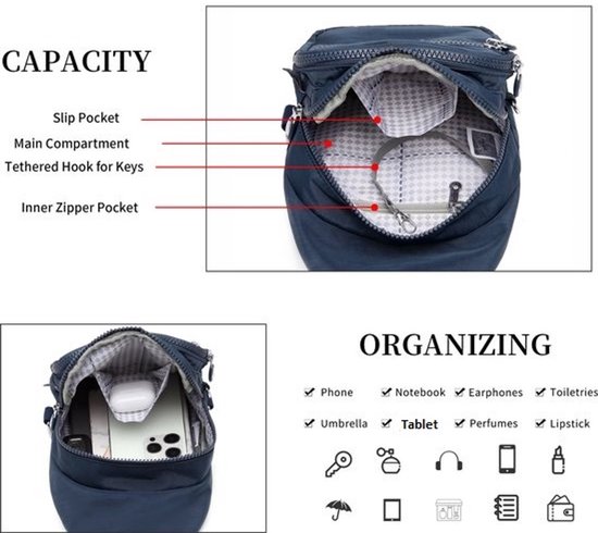 Capaciteit en organisatie van de donkerblauwe sling bag.