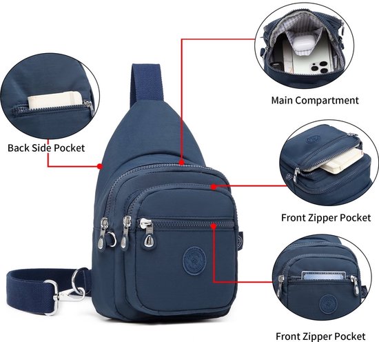 Donkerblauwe sling bag met uitleg van het hoofdvak, voorvak en achtervak.