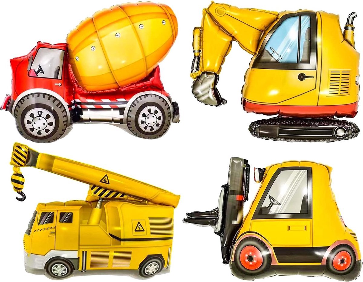 Bouwvoertuig Ballonnen Set – 4 Stuks – Graafmachine, Kraan, Betonmixer & Heftruck – Feestdecoratie Verjaardag