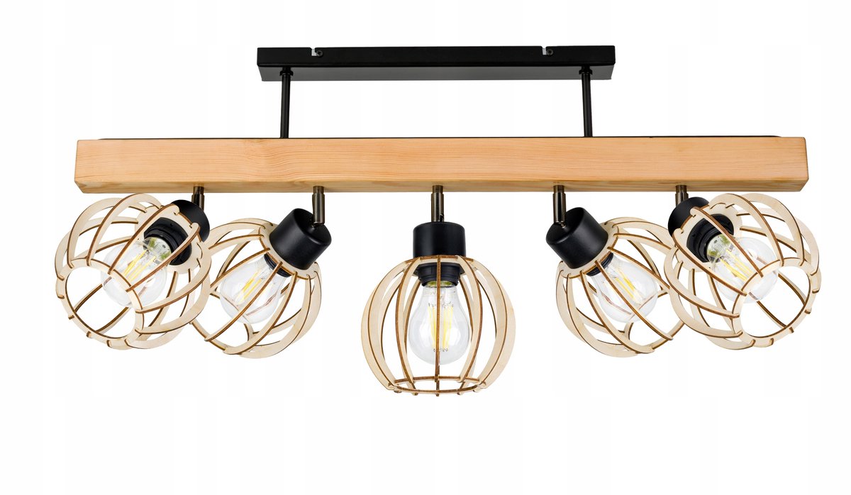 Houten Plafondlamp met 5 Zwarte Kappen, E27 Fitting, Loft Stijl
