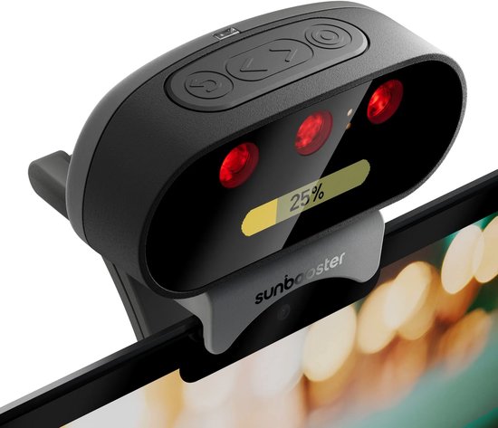 Zwarte webcam met rode lampjes en een 25% batterij indicator, bevestigd aan een scherm.