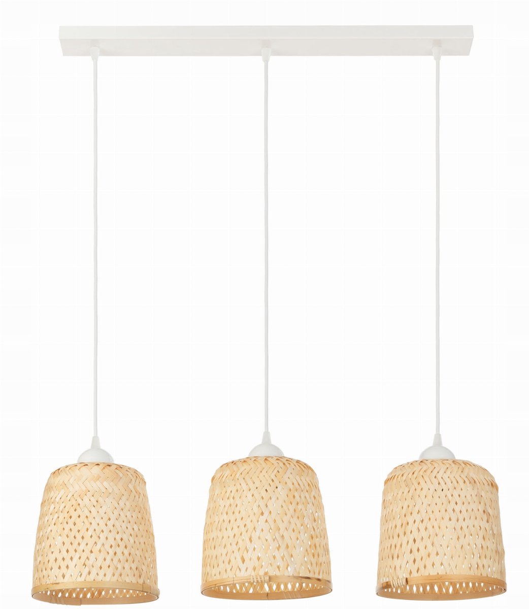 Bamboe hanglamp met 3 lampenkappen op een strip