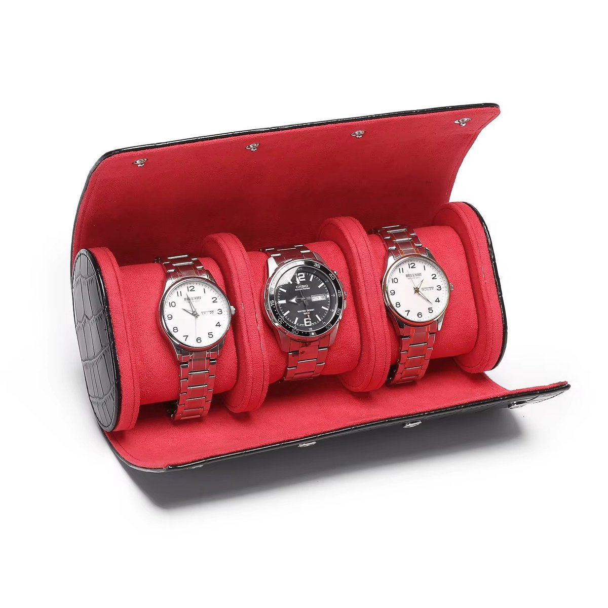 Luxe Horloge Rol 3 Stuks | Krokodillen Patroon | Horlogedoos | Horloge Etui Leer | Watch Roll | Horloge Houder Sieradendoos | Horloge Opbergdoos Heren | Zwart