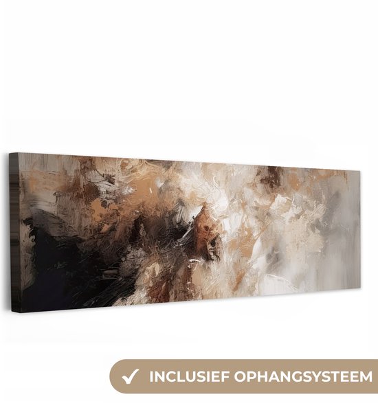 Canvas schilderij 150x50 cm - Wanddecoratie Verf - Abstract - Beige - Kunst - Muurdecoratie woonkamer - Slaapkamer decoratie - Kamer accessoires - Schilderijen op canvas