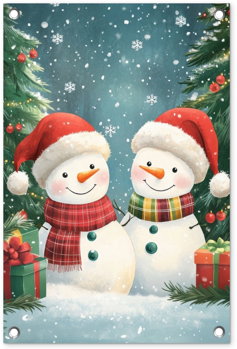 Tuinposter 40x60 cm - Tuindecoratie Sneeuwpop - Kerstsneeuw - Groen - Rood - Poster voor in de tuin - Buiten decoratie - Schutting tuinschilderij - Tuindoek muurdecoratie - Wanddecoratie balkondoek