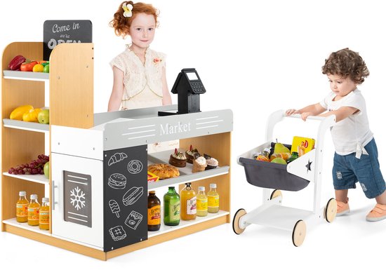 COSTWAY Koopmanwinkel, winkel voor kinderen met winkelwagentje, supermarkt hout met kassa en 2 borden, boodschappenwinkel voor kinderen vanaf 3 jaar