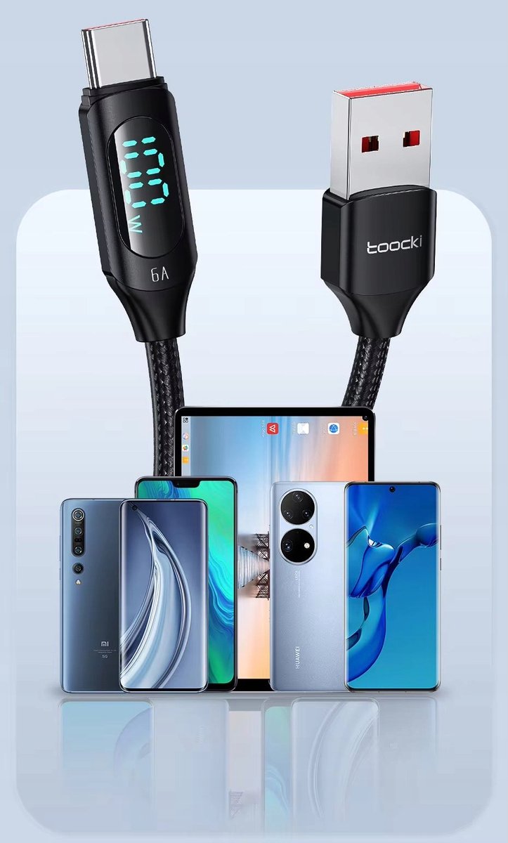 Toocki USB-C naar USB-A Kabel 1m 100W met LCD Display - Snel Laden