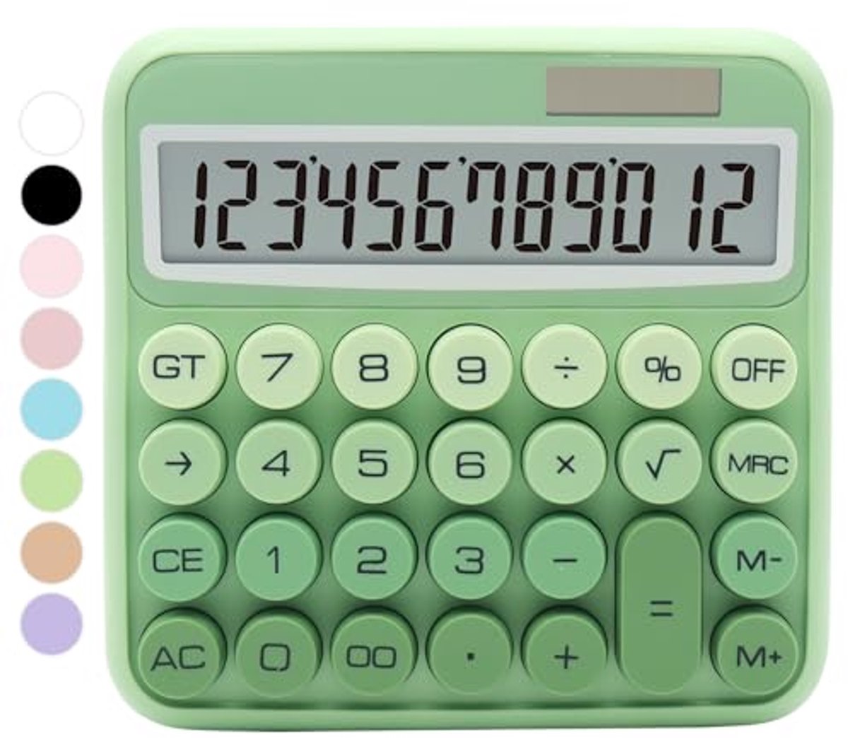 Groene standaard rekenmachine met groot LCD-scherm en grote knoppen - 12-cijferige calculator voor kantoor en school