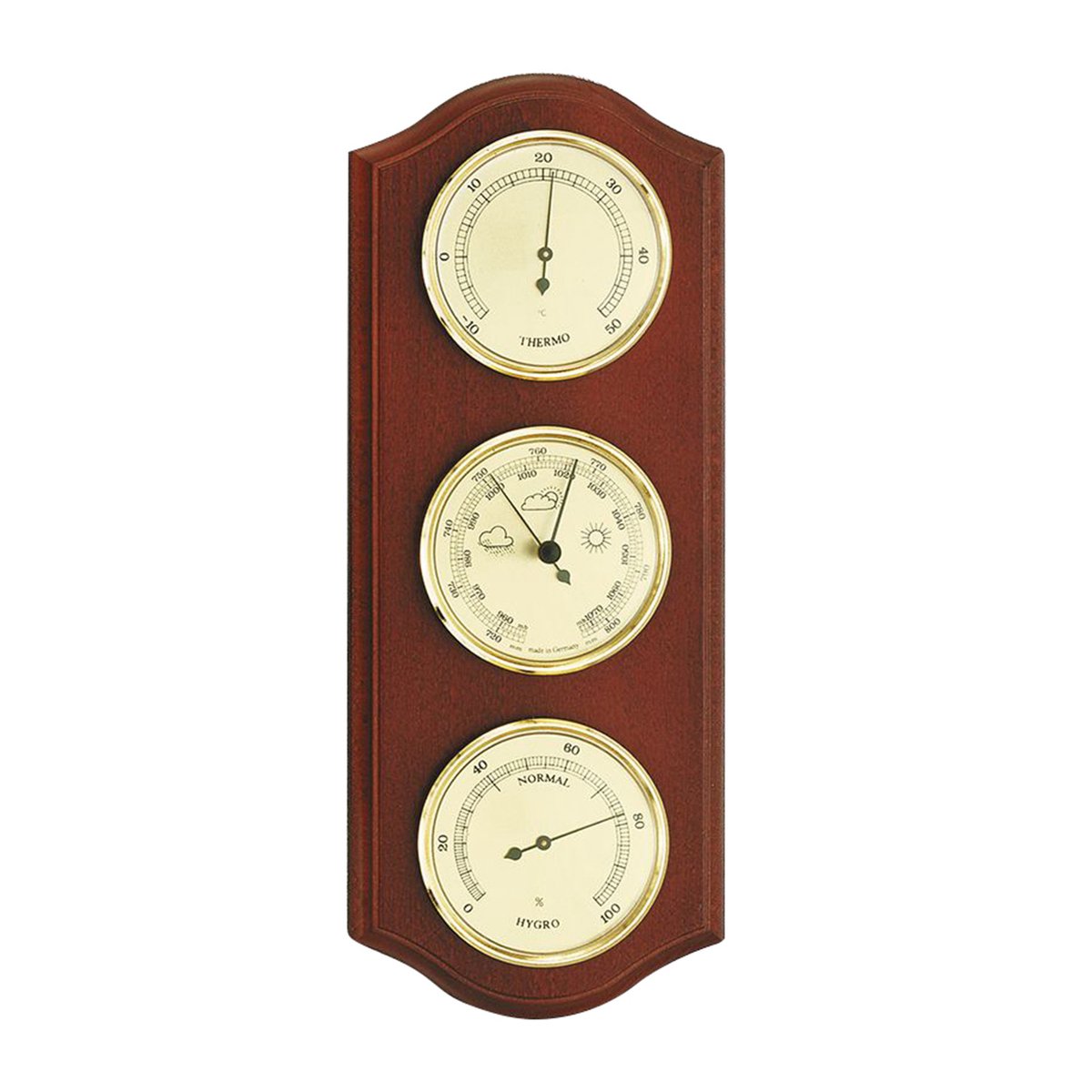 Weerstation met hygrometer, barometer en thermometer, mahonie, gelakt, 260 x 105 mm
