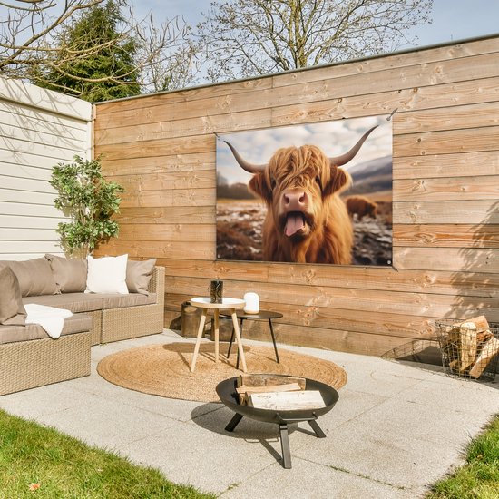 Affiche de jardin 120x80 cm - Décoration de jardin Highlander écossais - Langue - Cornes - Affiche pour le jardin - Décoration extérieure - Peinture murale de clôture - Toile de jardin décoration murale - Décoration murale toile de balcon