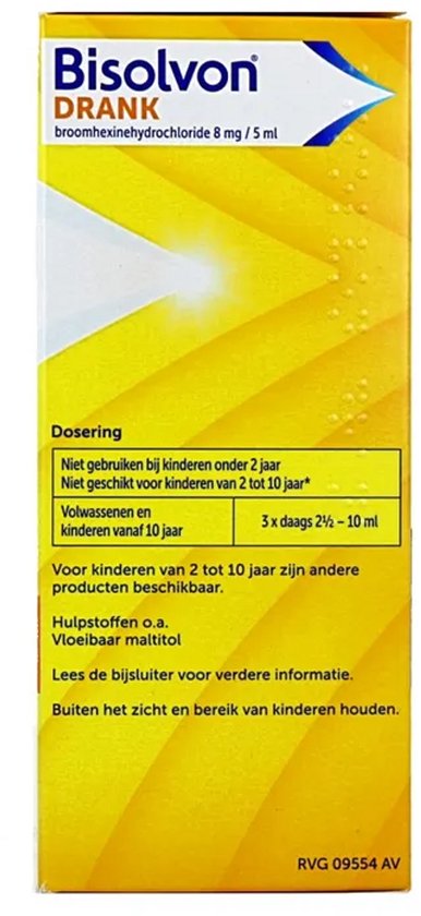 Bisovolon drank verpakking met dosering: niet voor kinderen onder 2 jaar, volwassenen en kinderen vanaf 10 jaar.