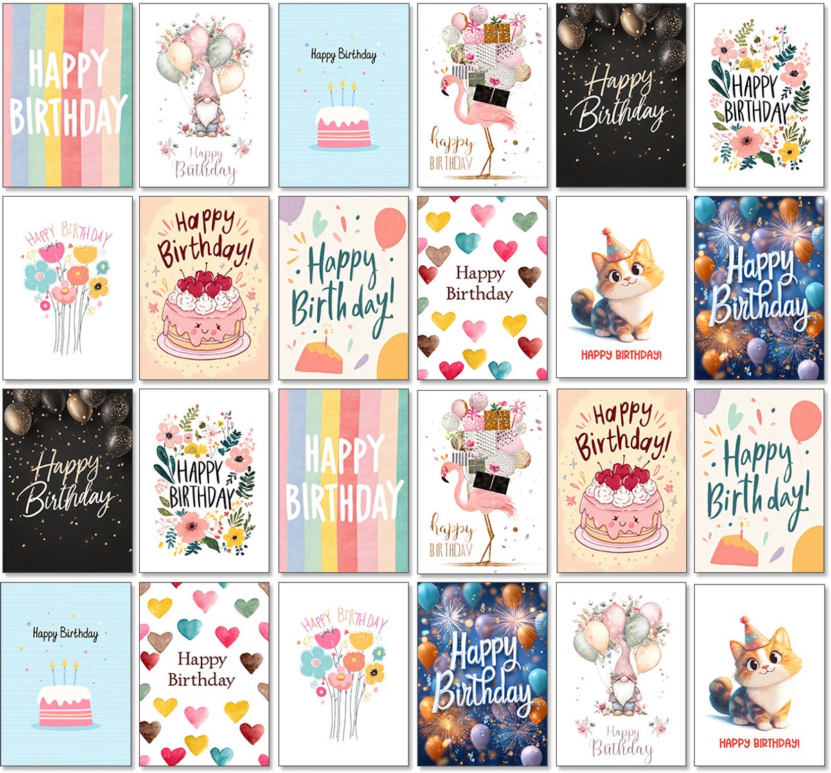 Wenskaarten 24 stuks + enveloppen - Blanco Binnenzijde & Stevig Papier – wenskaart - verjaardagskaart -verjaardagskaarten