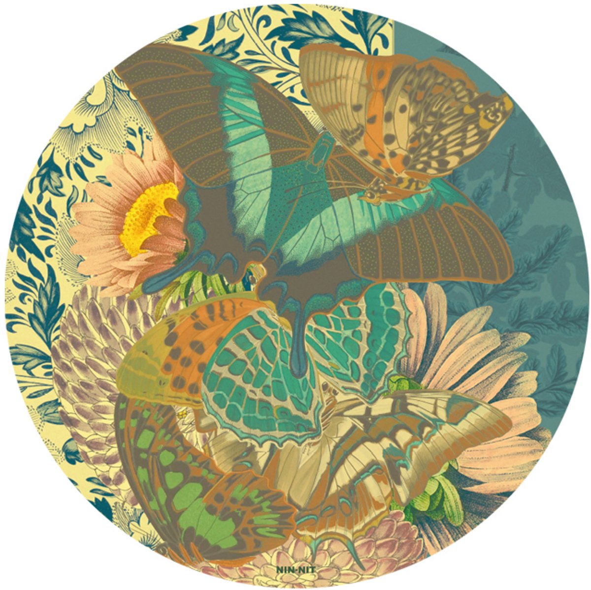 NIN-NIT - Butterflies - Placemats - Set van 4 - Rond - Gemaakt van Vinyl - Makkelijk Schoon te Maken - Vlinders en Bloemen Print - Blauw - Rose