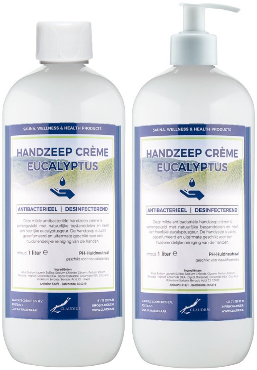 Handzeep Crème Eucalyptus 1 liter - set van 2 stuks - met gratis pomp - Voordeelverpakking