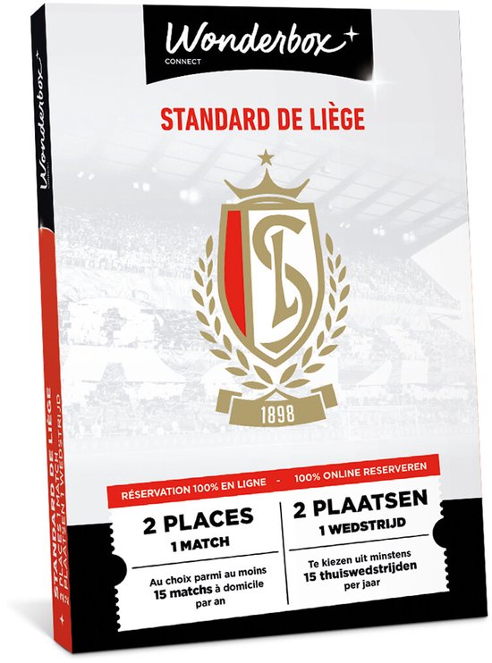 Wonderbox Standard de Liège, avec le blason du club et le texte '1898'. Offre 2 places pour 1 match.