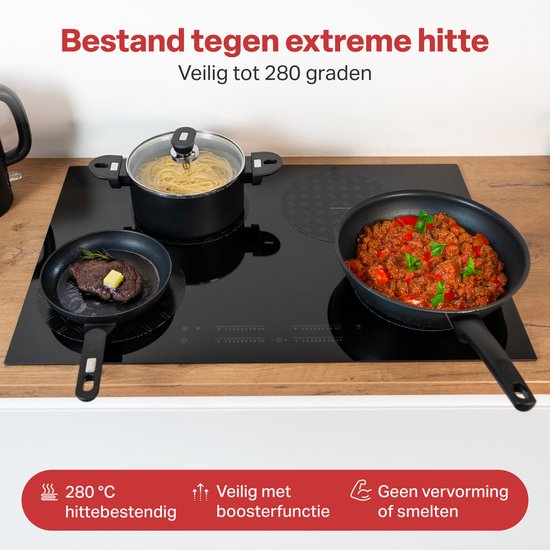 Zwarte inductiebeschermers met ruitpatroon op een kookplaat met pan en stoofpot.