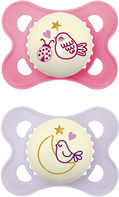 MAM Fopspeen Pure Night Siliconen - 0-6 maanden - roze - 2 stuks | Glow in the dark fopspeen